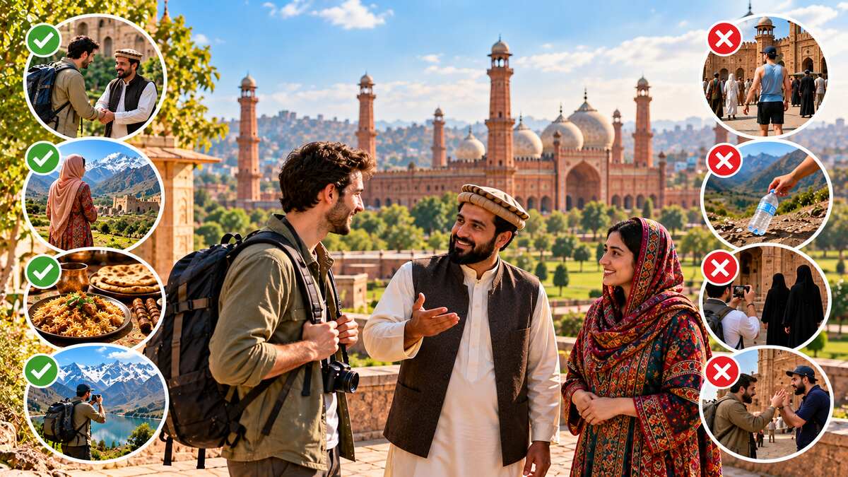 Badshahi Mosque courtyard at sunset, an example of respectful mosque etiquette in Pakistan