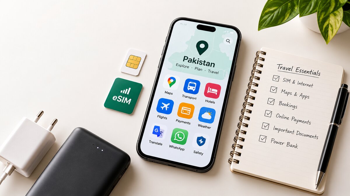 Traveller using a phone with offline maps on a mountain road in Pakistan
